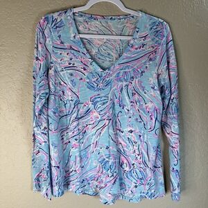 Lilly Pulitzer Top Small Etta V Neck Long Sleeve Tee Shirt Colorful